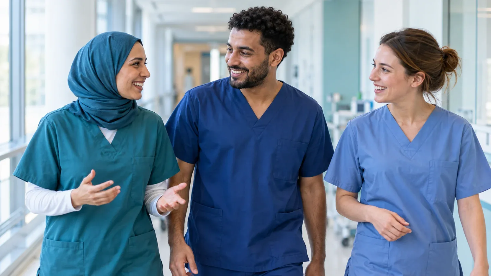 Drei Gesundheitsfachkräfte im Gespräch im Klinikflur.